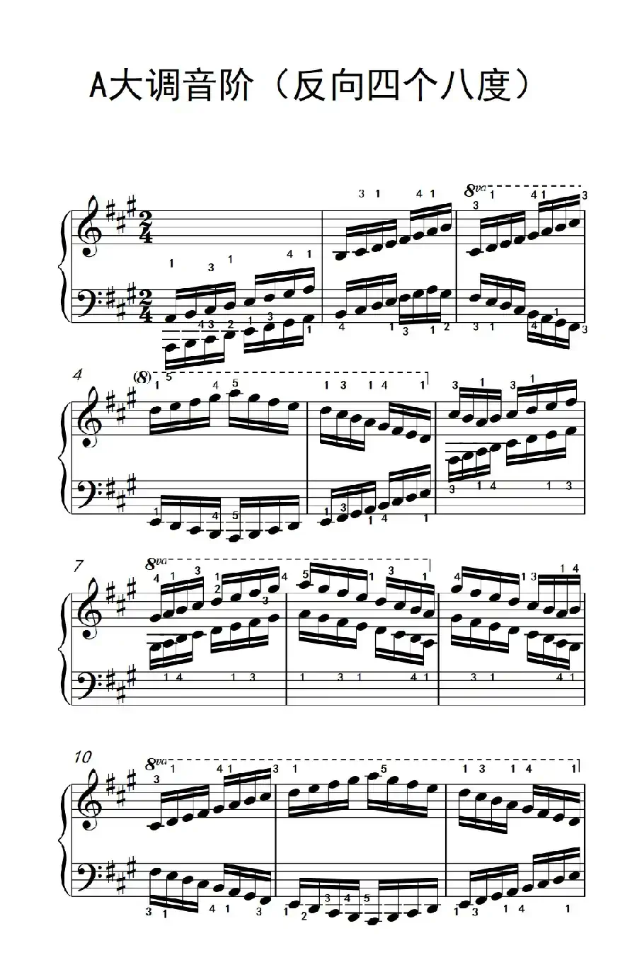 A大调音阶(反向四个八度)(儿童钢琴练习曲)