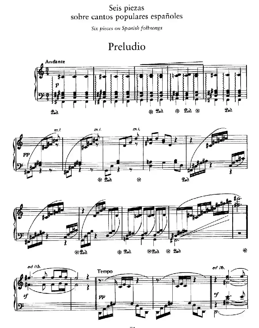 Six Pieces on Spanish Folksongs H.125（6首西班牙民谣小品·1. 前奏曲 Preludio）