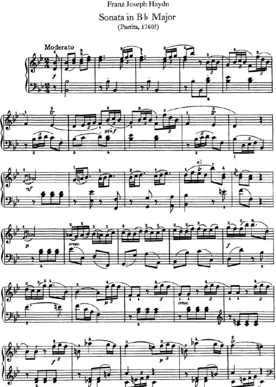 海顿 钢琴奏鸣曲 Hob XVI 2 Partita B-flat major