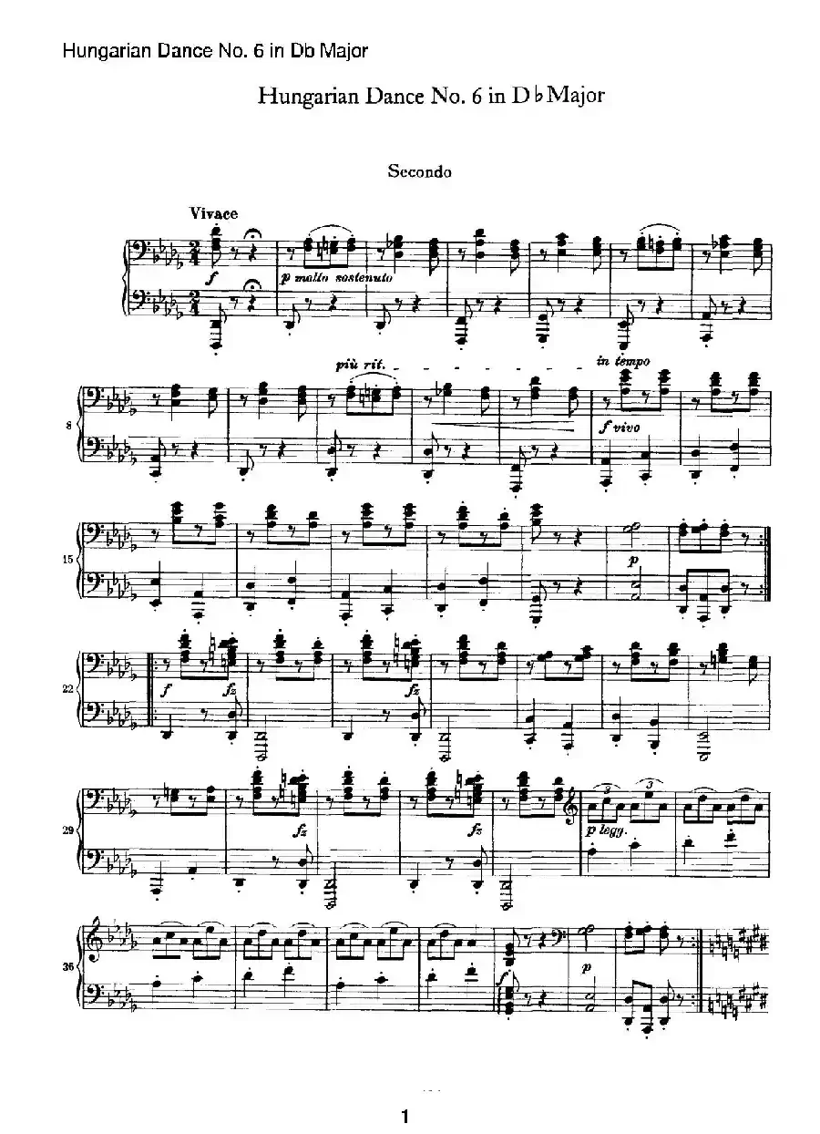 Hungarian Dance for four hands No 6 in Db Major