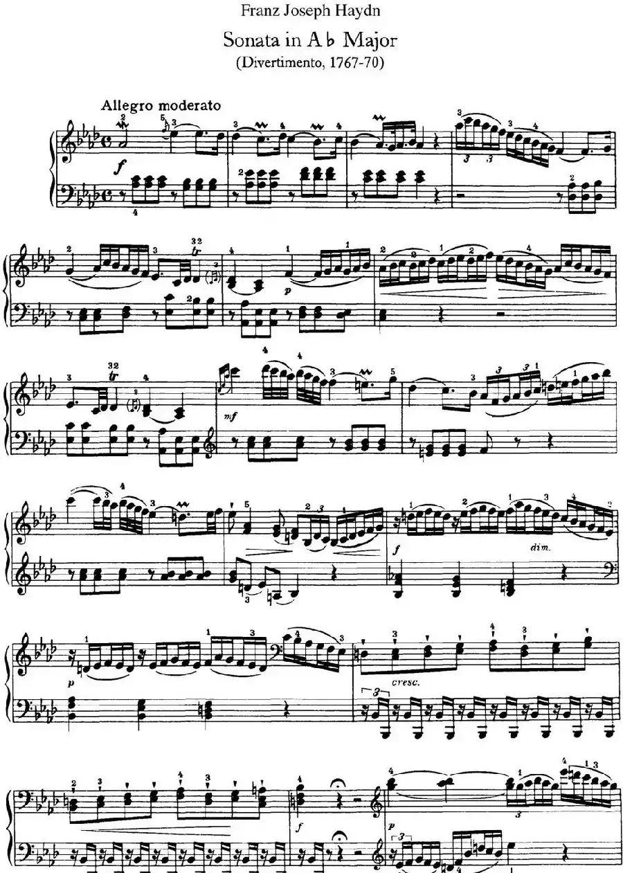 海顿 钢琴奏鸣曲 Hob XVI 46 Divertimento Ab major