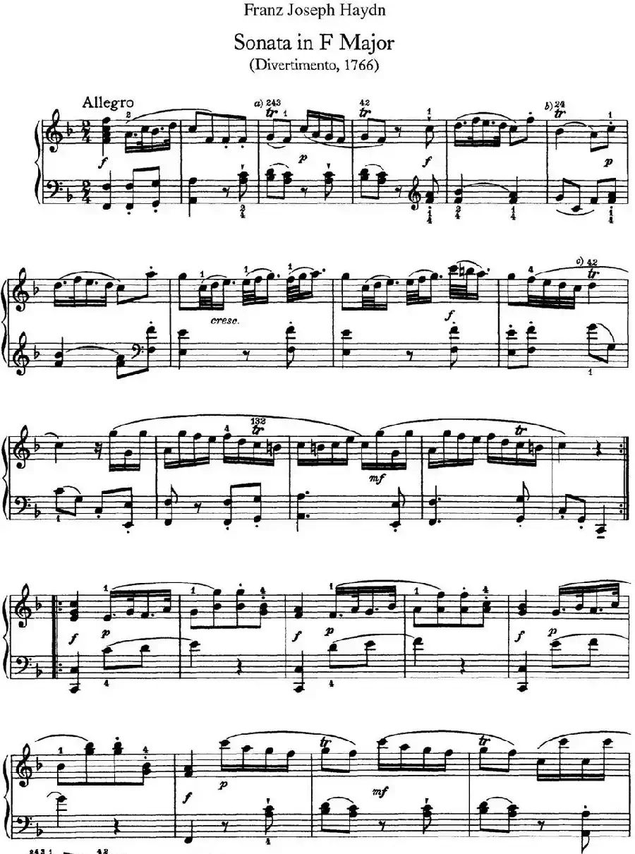 海顿 钢琴奏鸣曲 Hob XVI 9 Divertimento F major