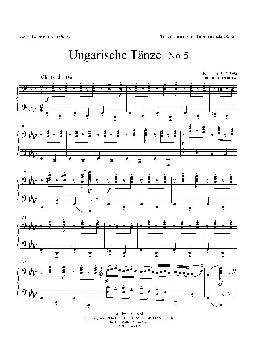 Ungarische Tnze No 5（十五重奏​Piano分谱）