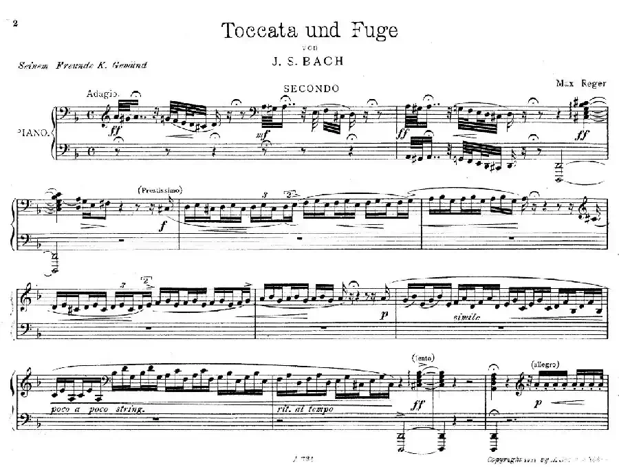 d小调托卡塔与赋格（BWV 565·雷格改编钢琴四手联弹版）