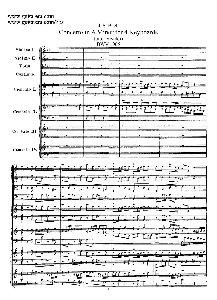 为四架古钢琴而作的a小调协奏曲 BWV 1065（总谱）