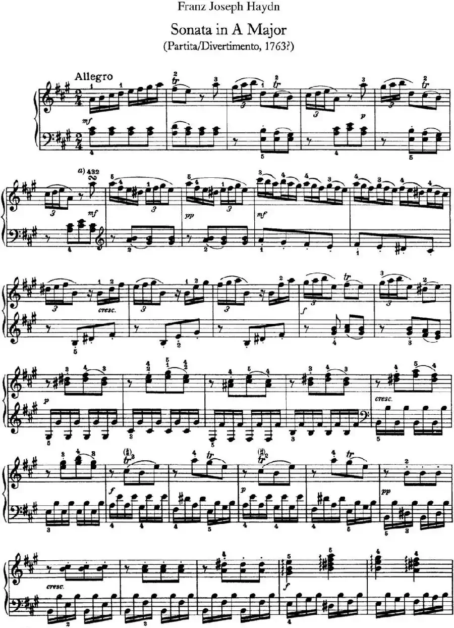海顿 钢琴奏鸣曲 Hob XVI 5 Divertimento A major
