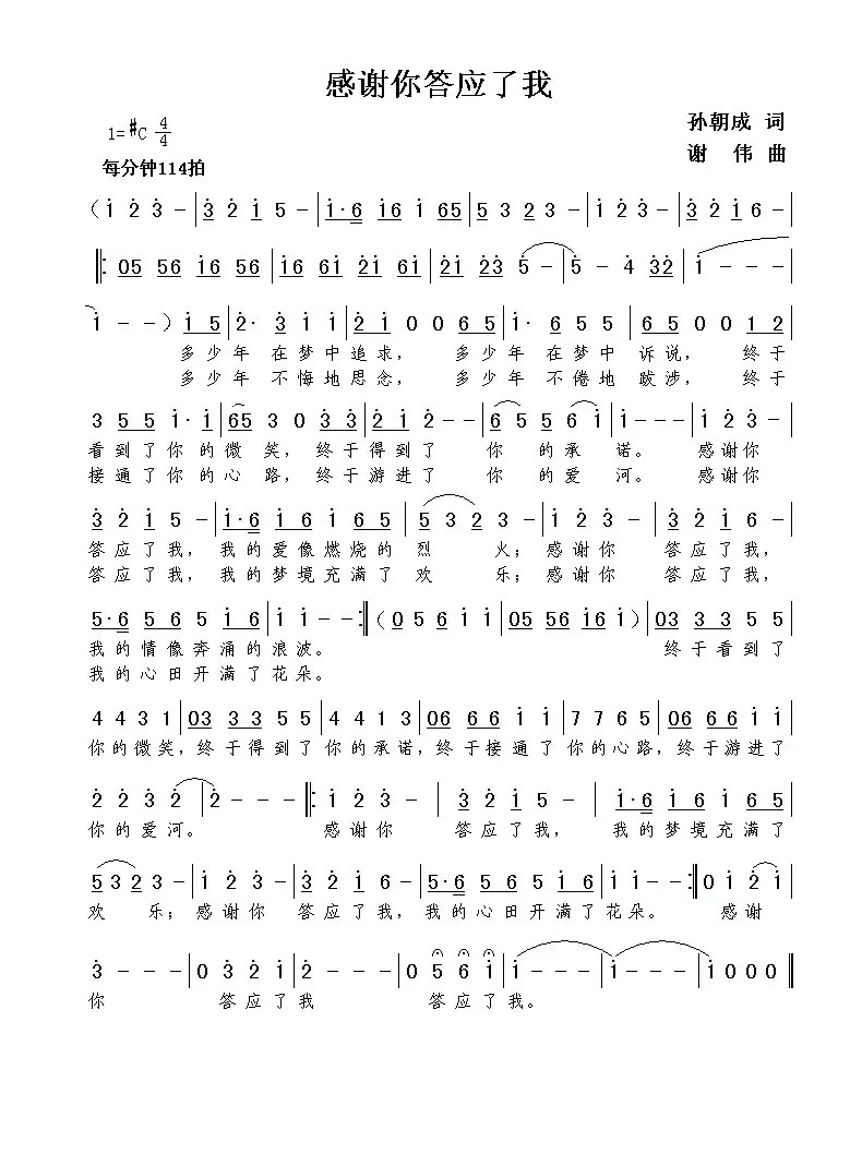 感谢你答应了我(孙朝成词  谢伟曲)