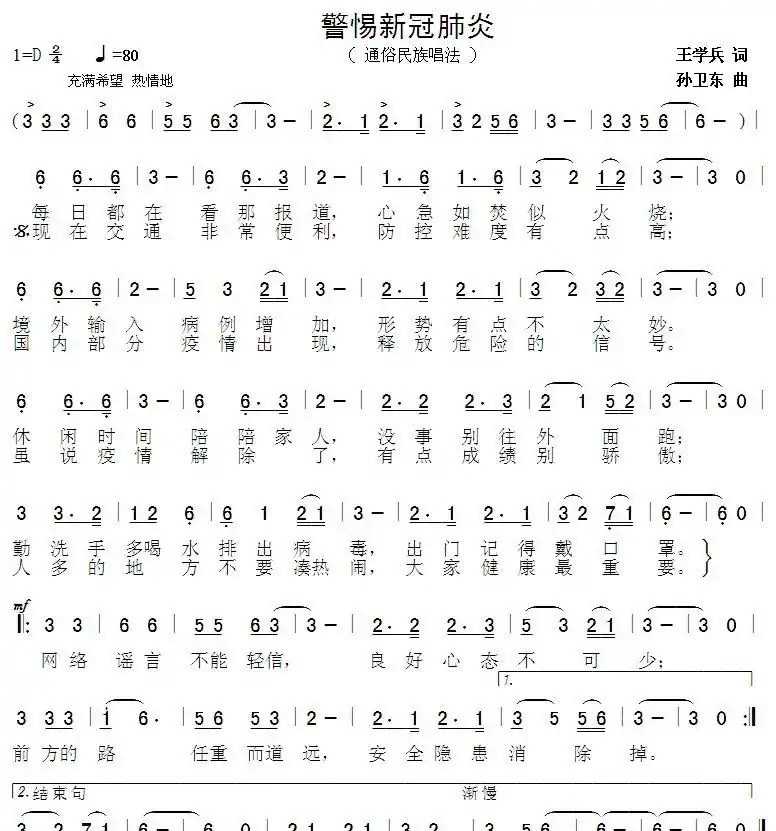 警惕新冠肺炎（王学兵词孙卫东曲）