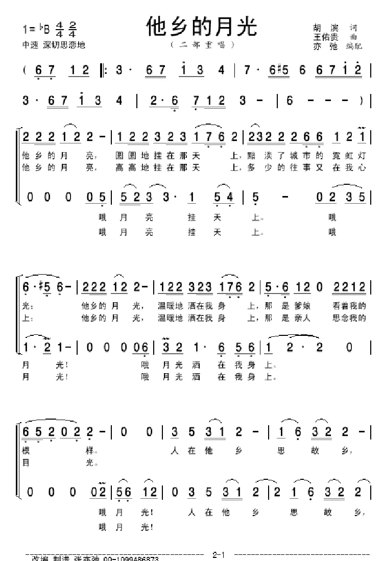 他乡的月光(亦弛改编）（二部重唱）