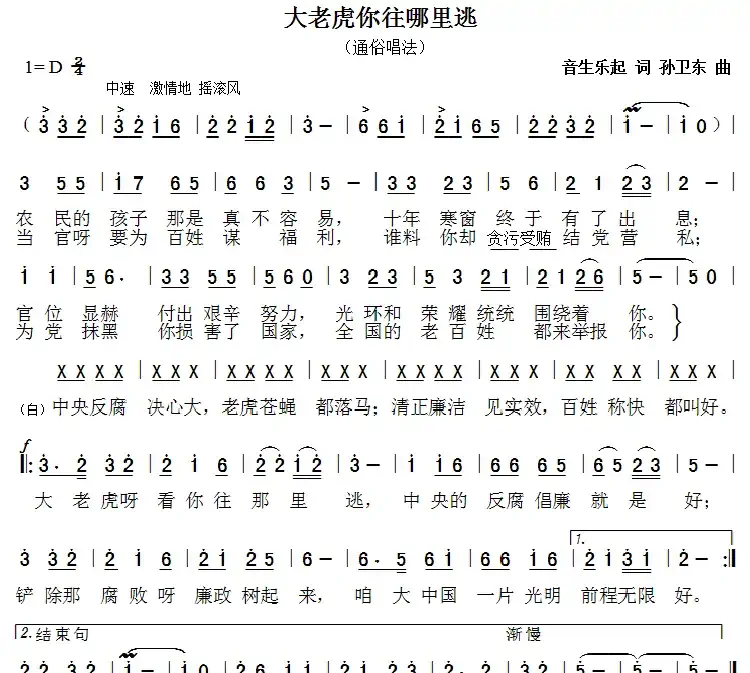 大老虎你往哪里逃（音生乐起词孙卫东曲）
