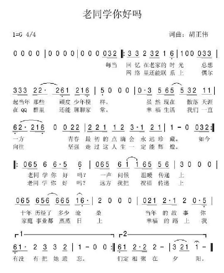 老同学你好吗（词曲：胡正伟）