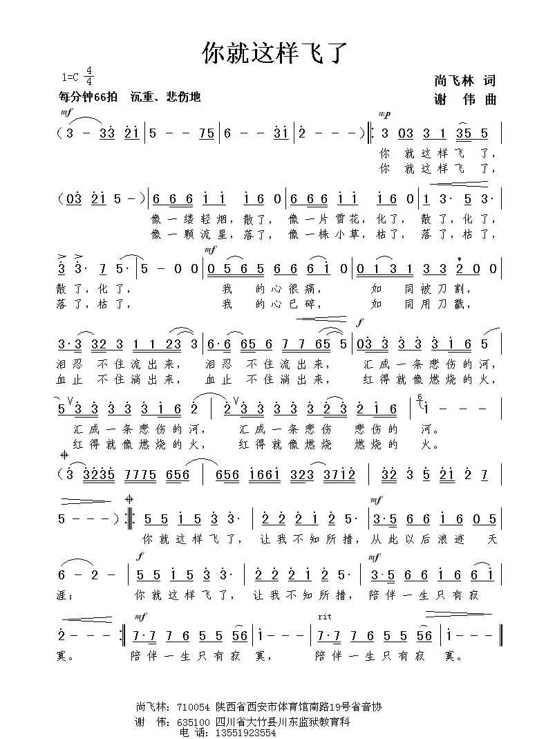 你就这样飞了（尚飞林词 谢伟曲）