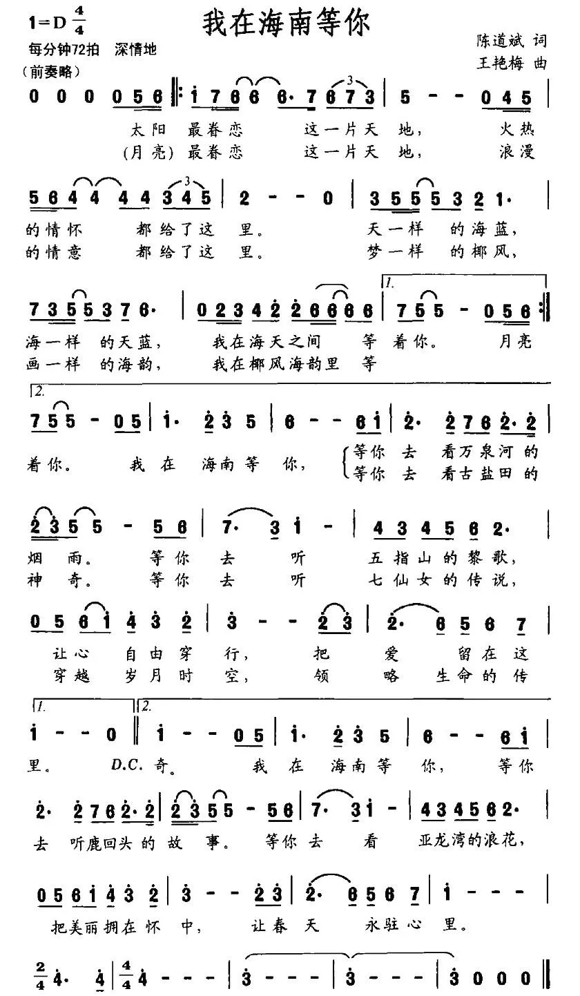 我在海南等你（陈道斌词 王艳梅曲）