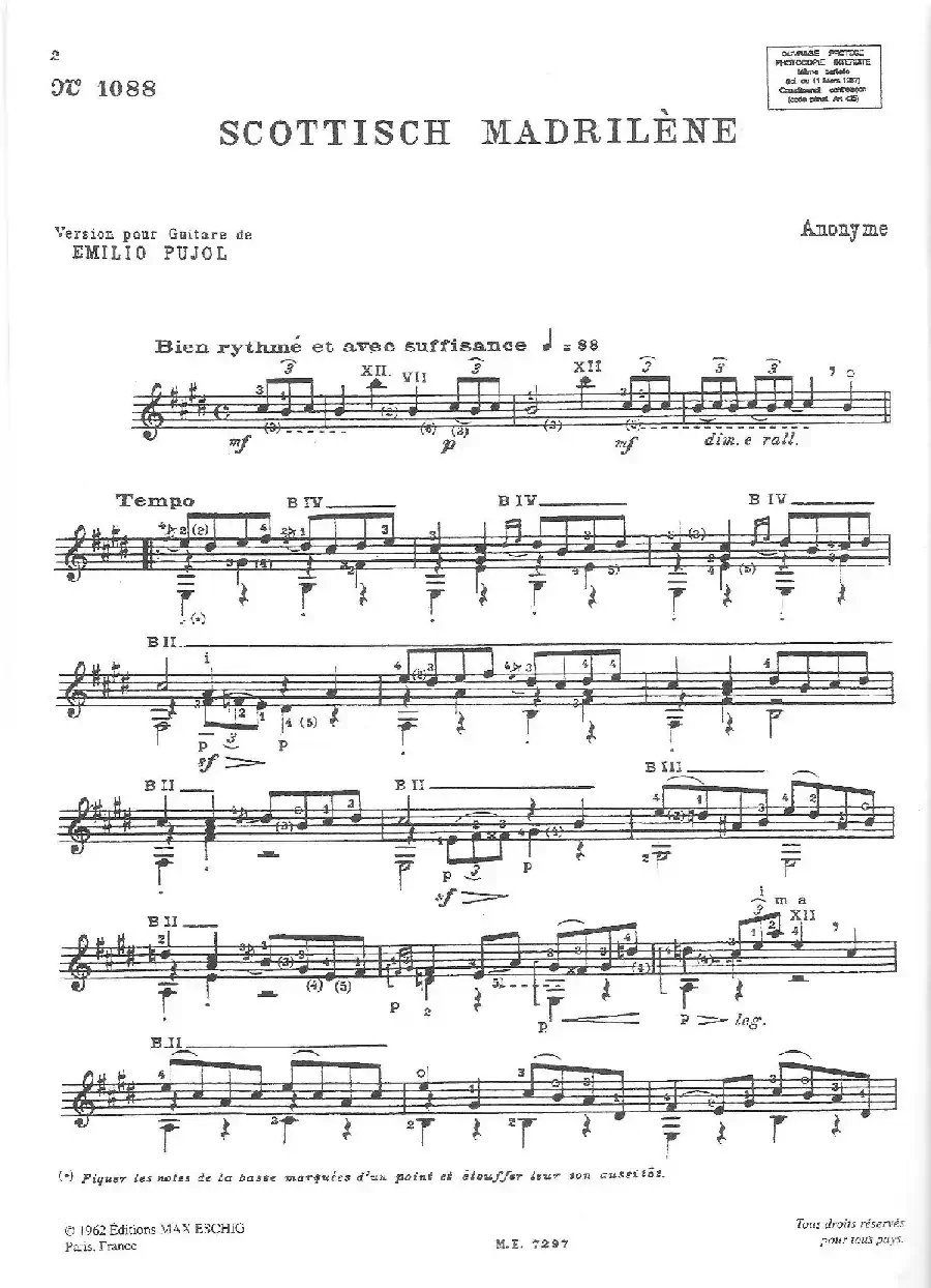 Scottisch Madrilene.- Anonyme.- Transcription Emilio Pujol（古典吉他）