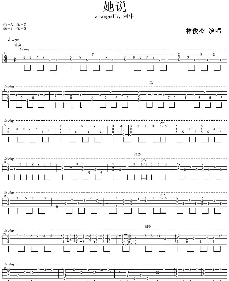 她说（尤克里里指弹谱）