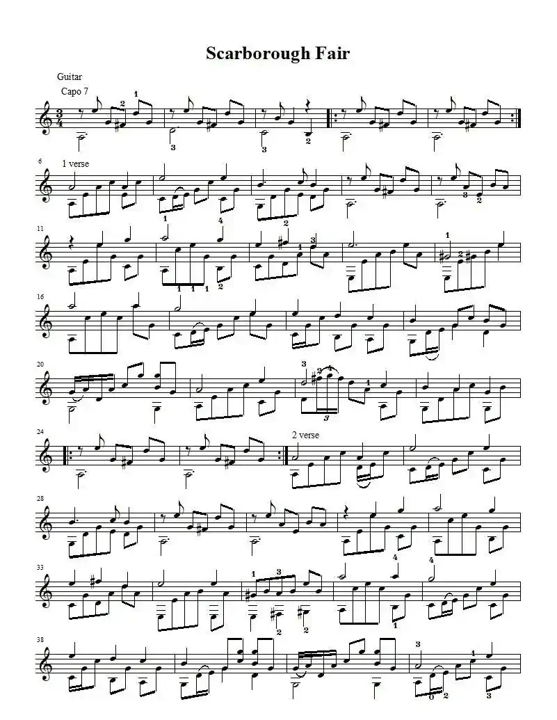 斯卡保罗集市（Scarborough Fair）（指弹吉他、五线谱）