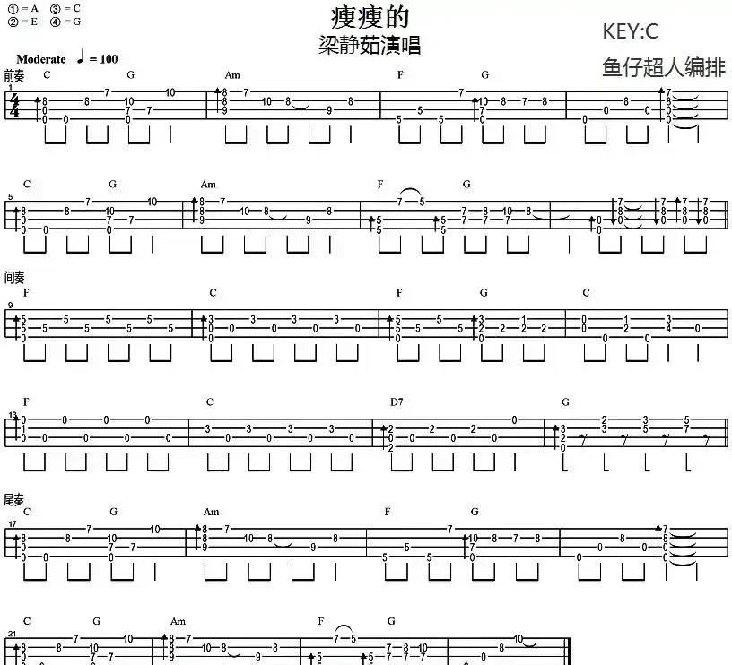 瘦瘦的（尤克里里指弹谱）
