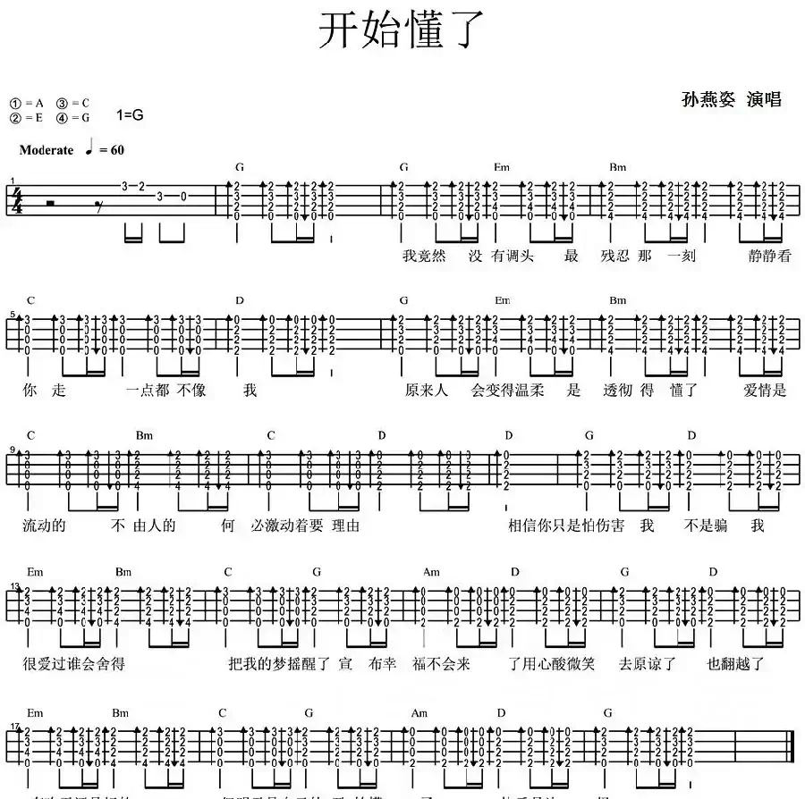 开始懂了（尤克里里弹唱谱）
