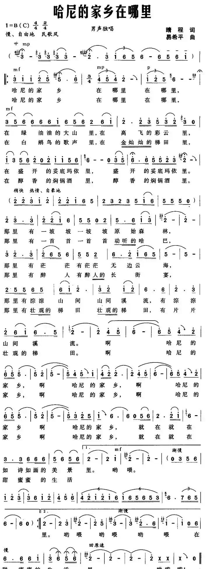 哈尼的家乡在哪里（晴程词 易希平曲）