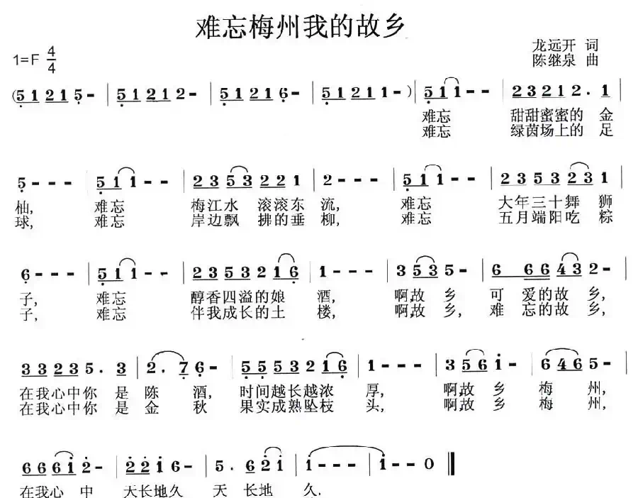 难忘梅州我的故乡(龙远开词 陈继泉曲)