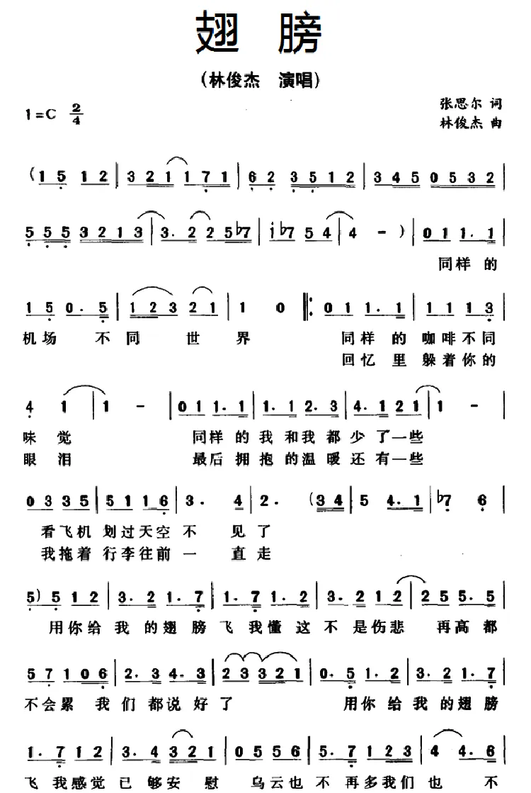 翅膀（张思尔词 林俊杰曲）