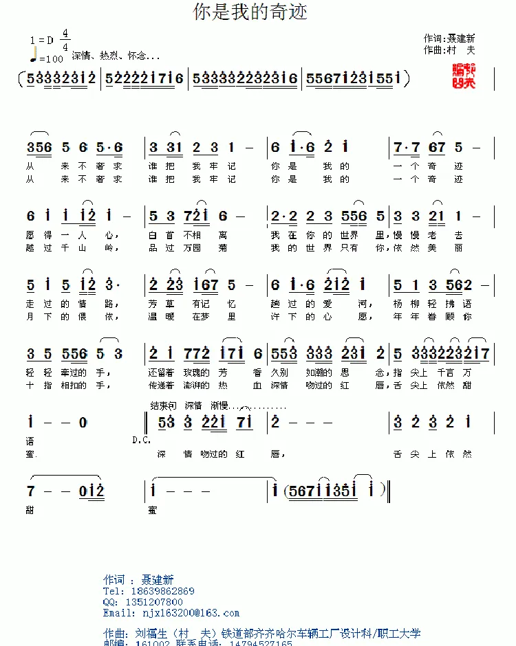 你是我的奇迹（聂建新词 村夫曲）