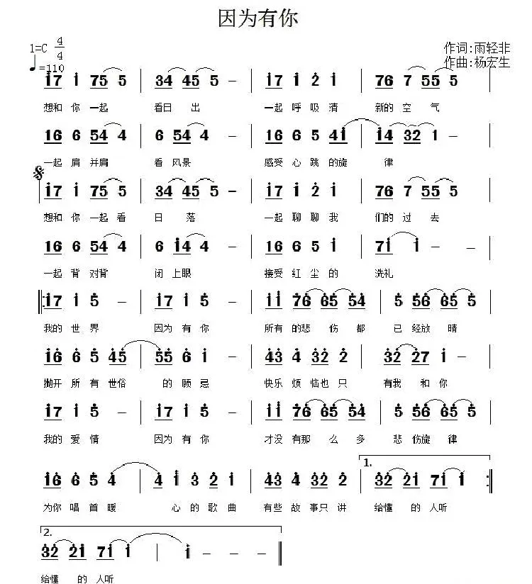 因为有你（雨轻非词 杨宏生曲）