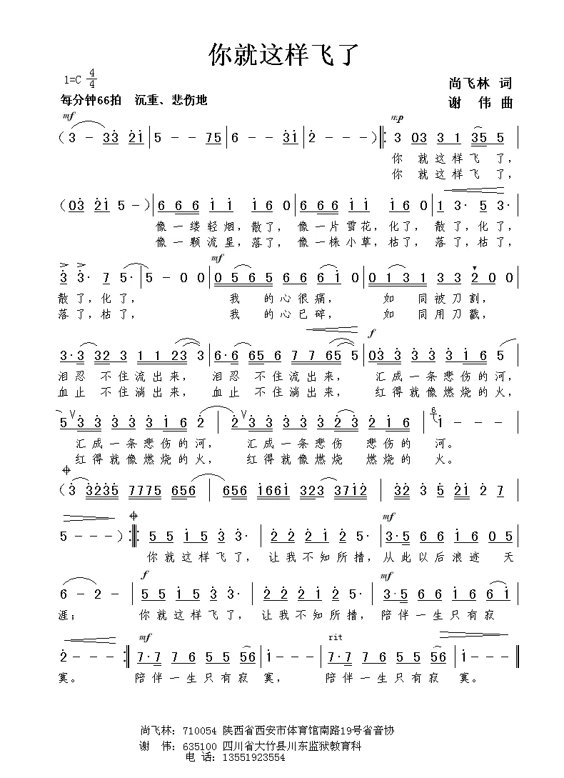 你就这样飞了（尚飞林词 谢伟曲）