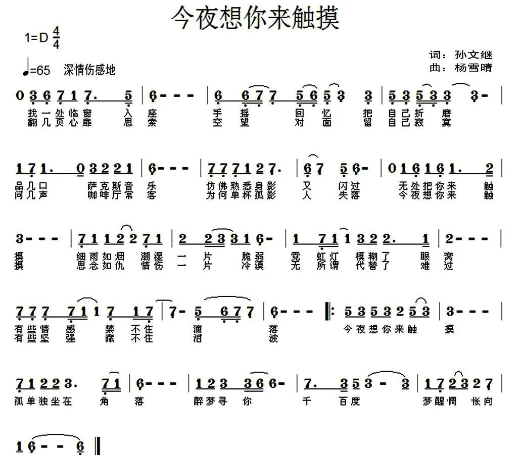 今夜想你来触摸（孙文继词 杨雪晴曲）