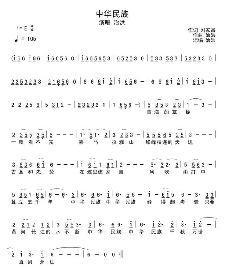 中华民族（刘家昌词 洪治曲、简谱+五线谱）