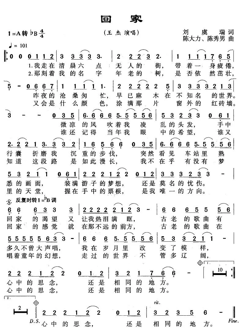 回家（刘虞瑞词 陈大力曲）