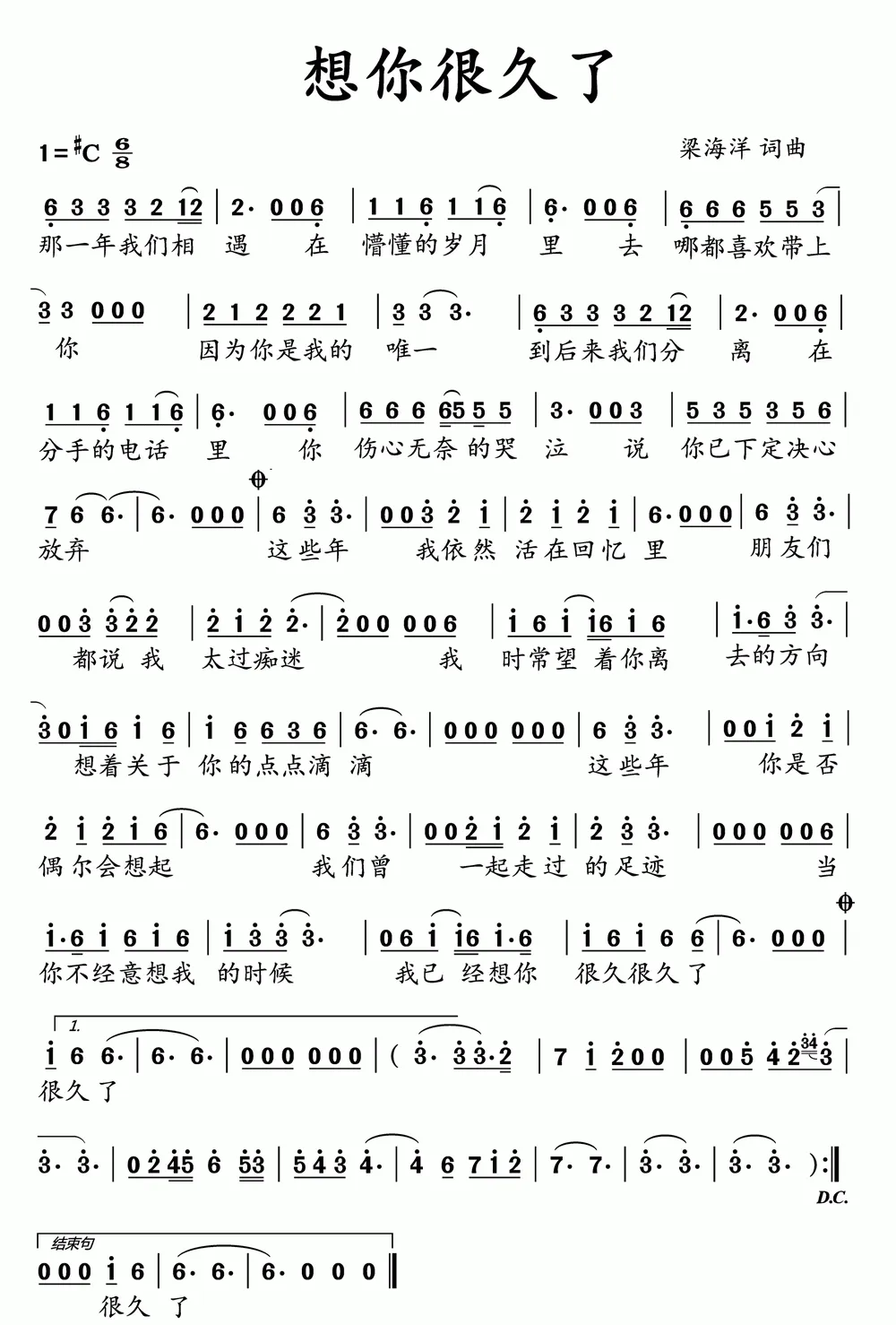 想你很久了（梁海洋 词曲）