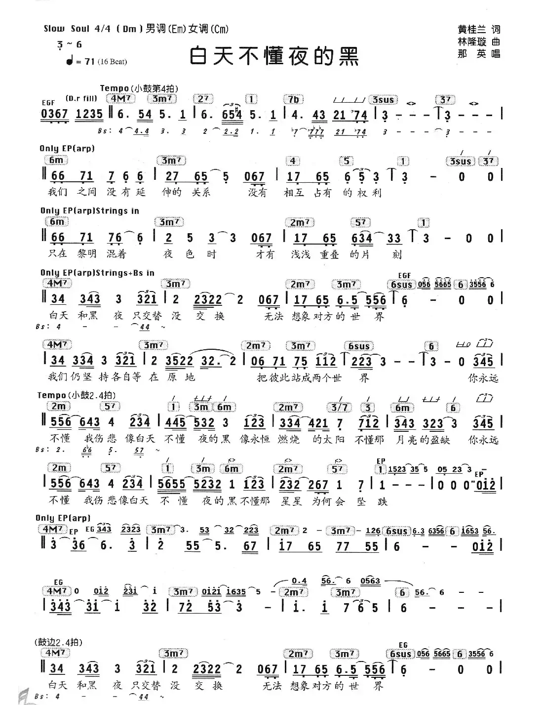 白天不懂夜的黑（编配乐谱）