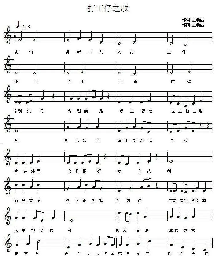 打工仔之歌（王晨溢词曲、五线谱）