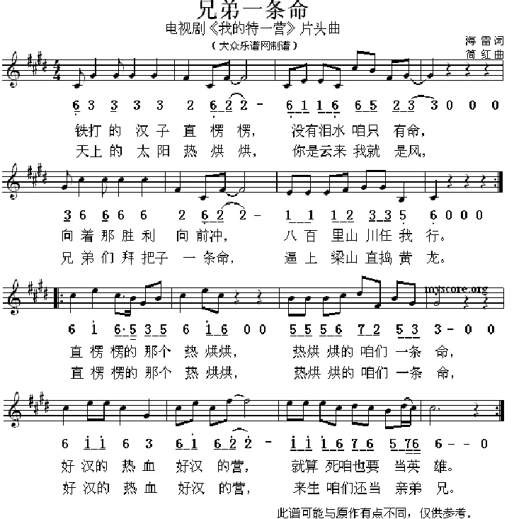 兄弟一条命（电视剧《我的特一营》片头曲、简线对照）